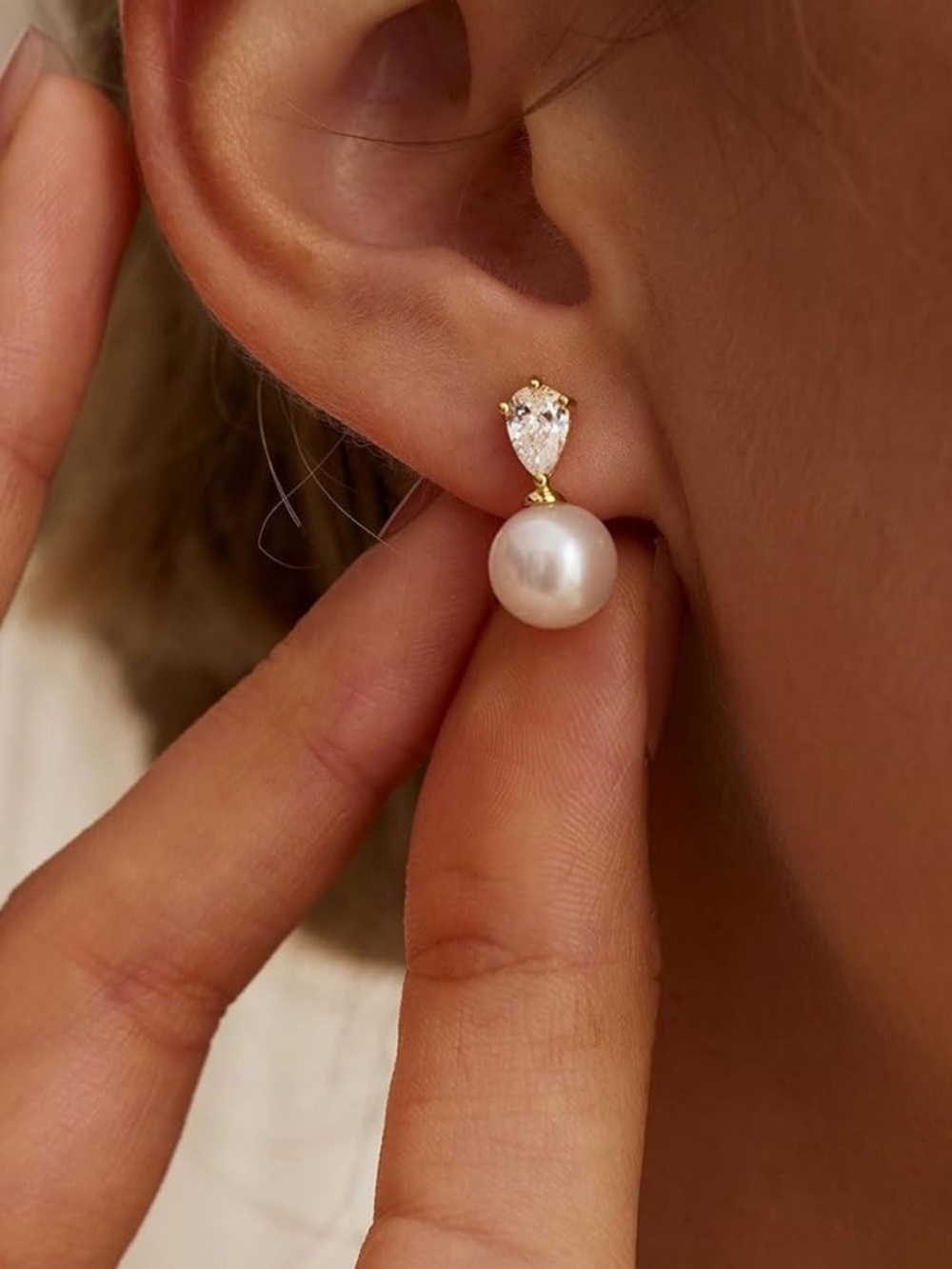 Anthropologie Gold Plated Pearl Drop Earrings with Teardrop Stone